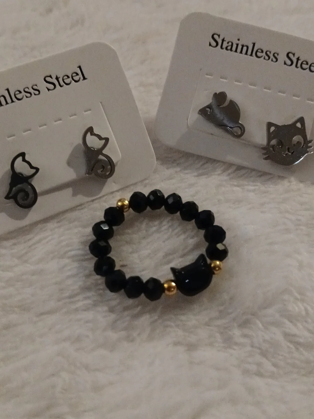 💲[5/20] Cat & Mouse Earrings Sets [2] & Black Cat Beaded Stretch Ring